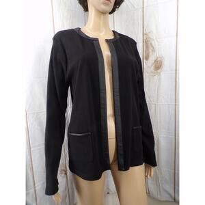 Rafaella Women's Black Cotton Front Drape Jacket Soft Faux Leather Trim Sz L